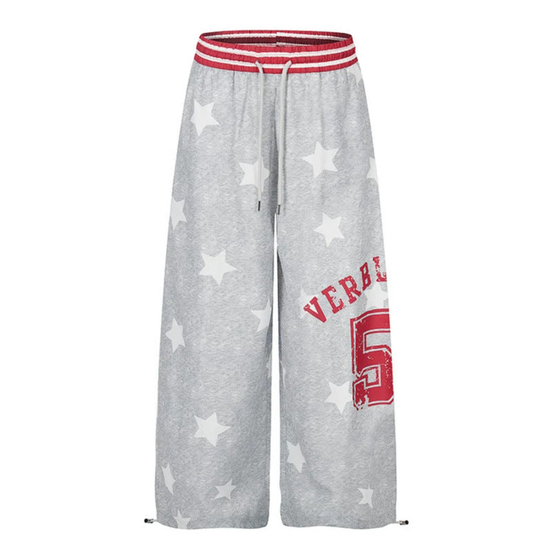 Ladies Palazzo Lounge Pants in Athleisure Style with Star Allover, High Ribbed Waistband and Statement Print Chichicherry