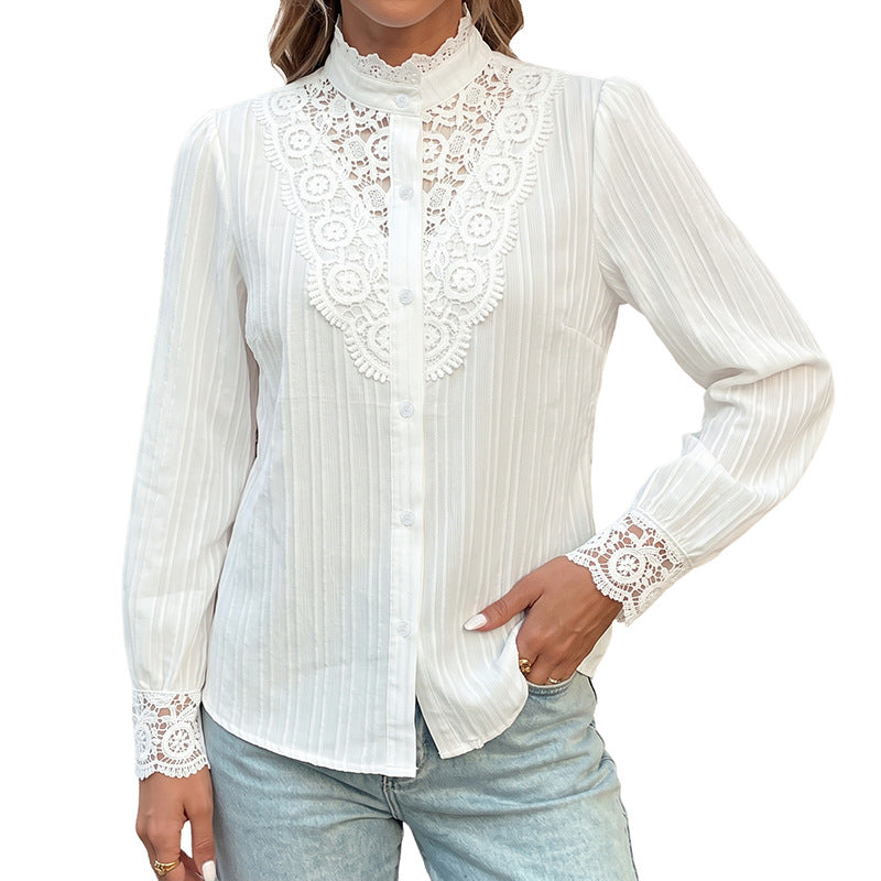 Ladies Elegant Victorian-inspired Lace Blouse with Stand Collar, Button Placket and Balloon Sleeves Chichicherry