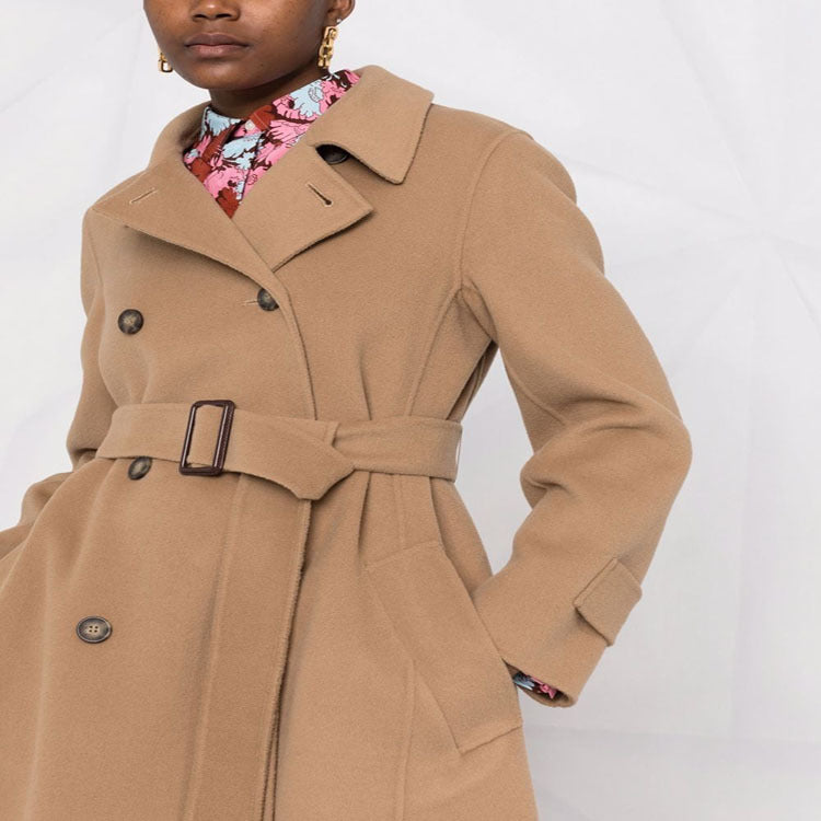 Women's tailored double-breasted wool blend coat with tie belt and A-line cut Chichicherry