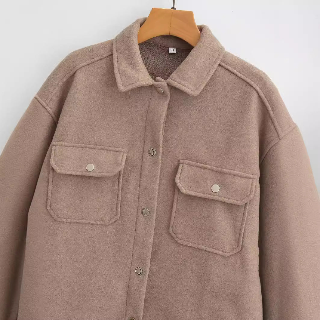 Women's Oversized Teddy Shirt Jacket with Snap Button Closures and Patch Breast Pockets Chichicherry