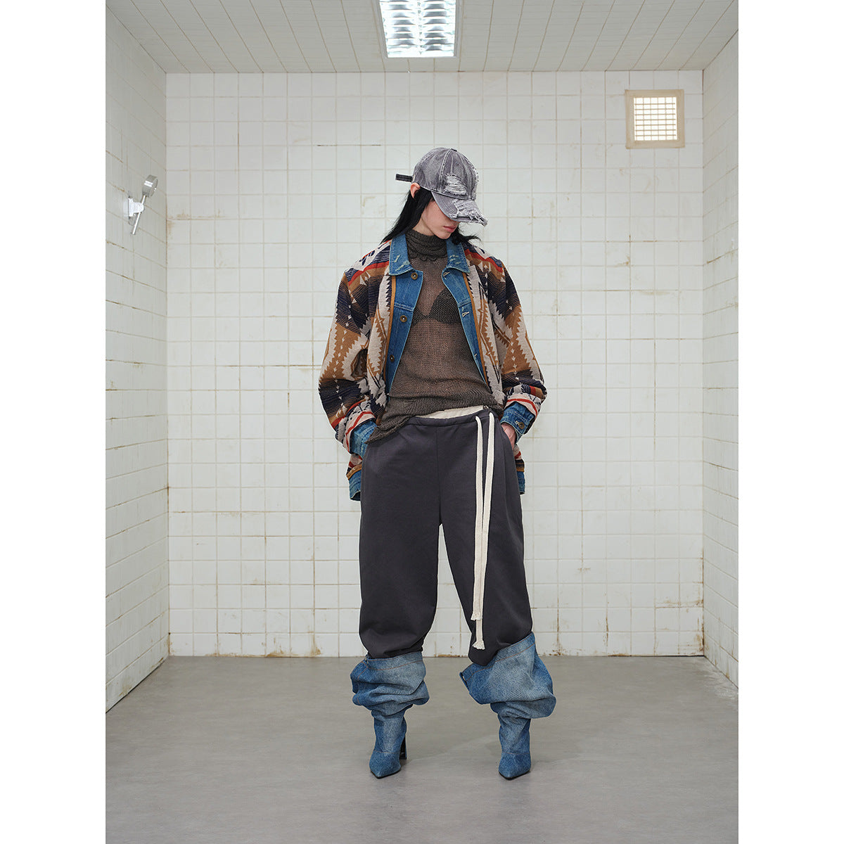 Unisex Loose-Fitting Jacquard Liner Jacket with Denim Trim and Graphic Ethno Pattern Chichicherry