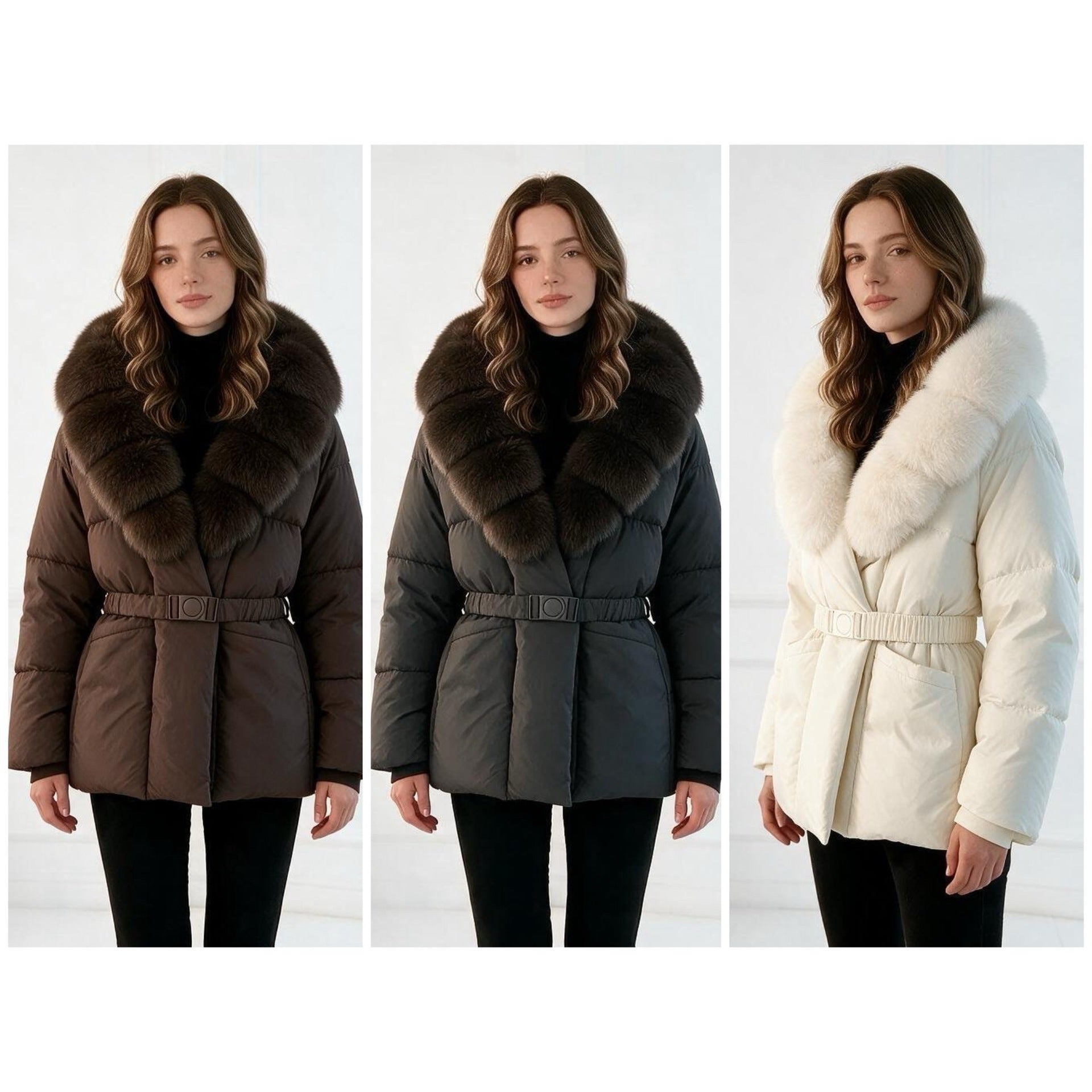Women's tailored quilted jacket with oversized faux fur collar, fitted belt, and warming thermal insulation Chichicherry
