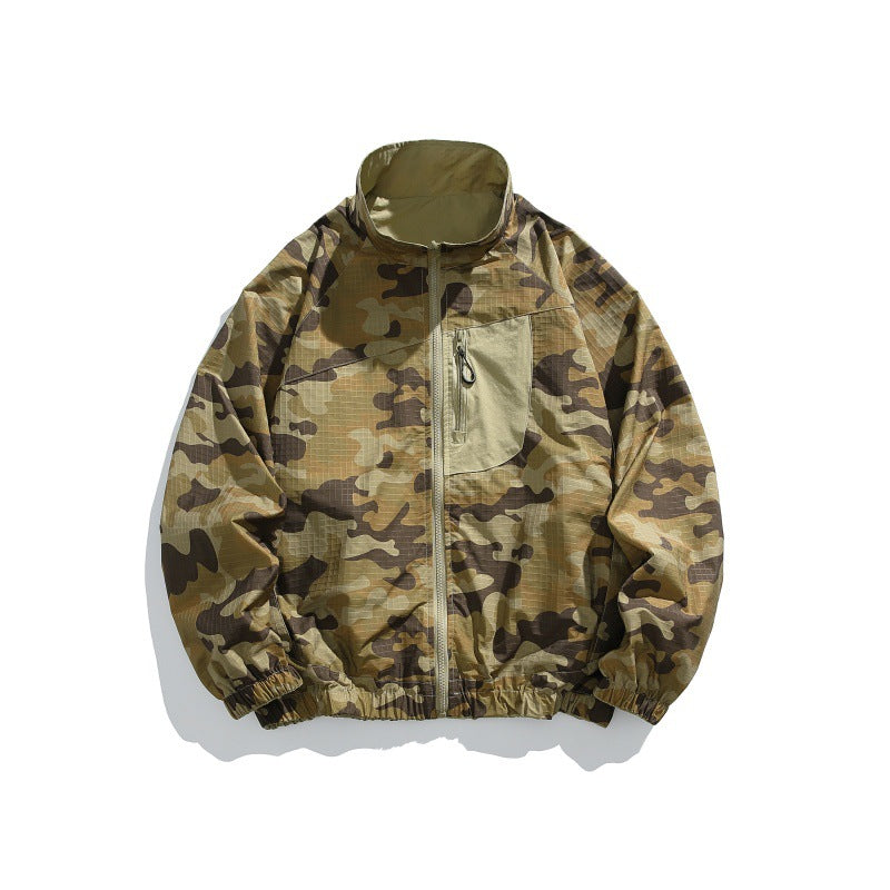 Unisex Lightweight Camo Windbreaker with High Stand Collar, Chest Zip and Elastic Hem Chichicherry