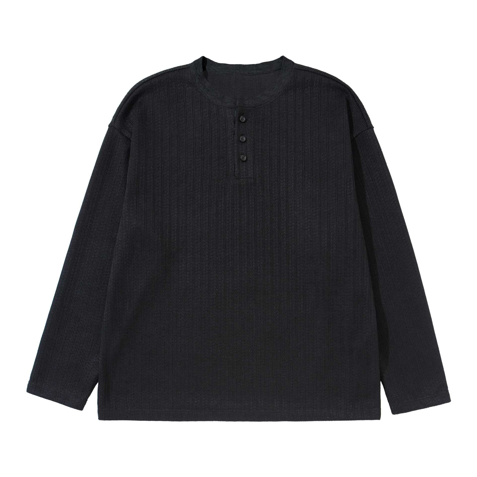 Unisex Structured Waffle Henley Shirt with Straight Hem and Oversized Silhouette Chichicherry