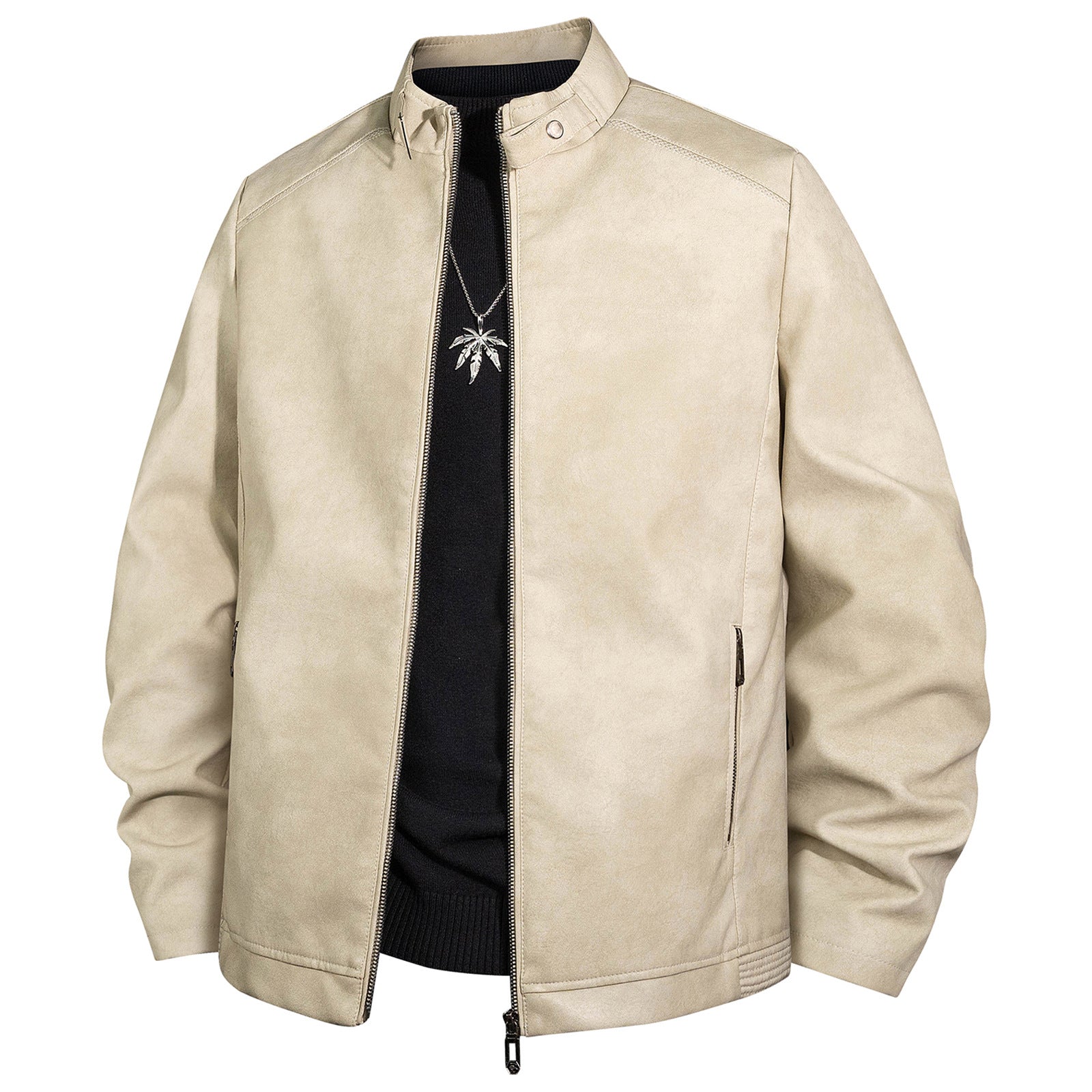Men's Vintage Leather Look Bomber Jacket with Stand-up Collar and Zipper Chichicherry