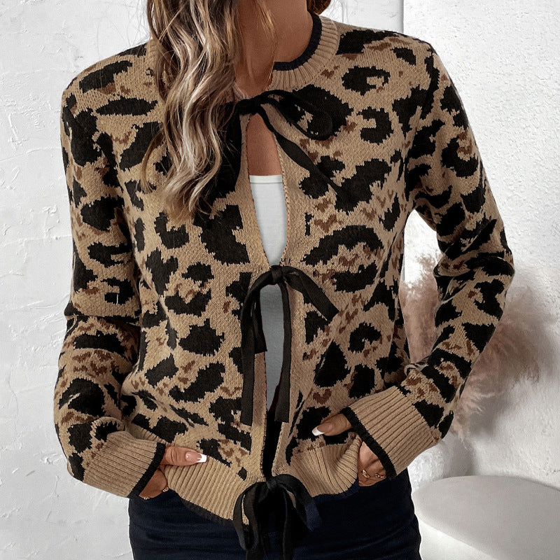 Women's leopard pattern knitted cardigan with tie bows and ribbed cuffs Chichicherry