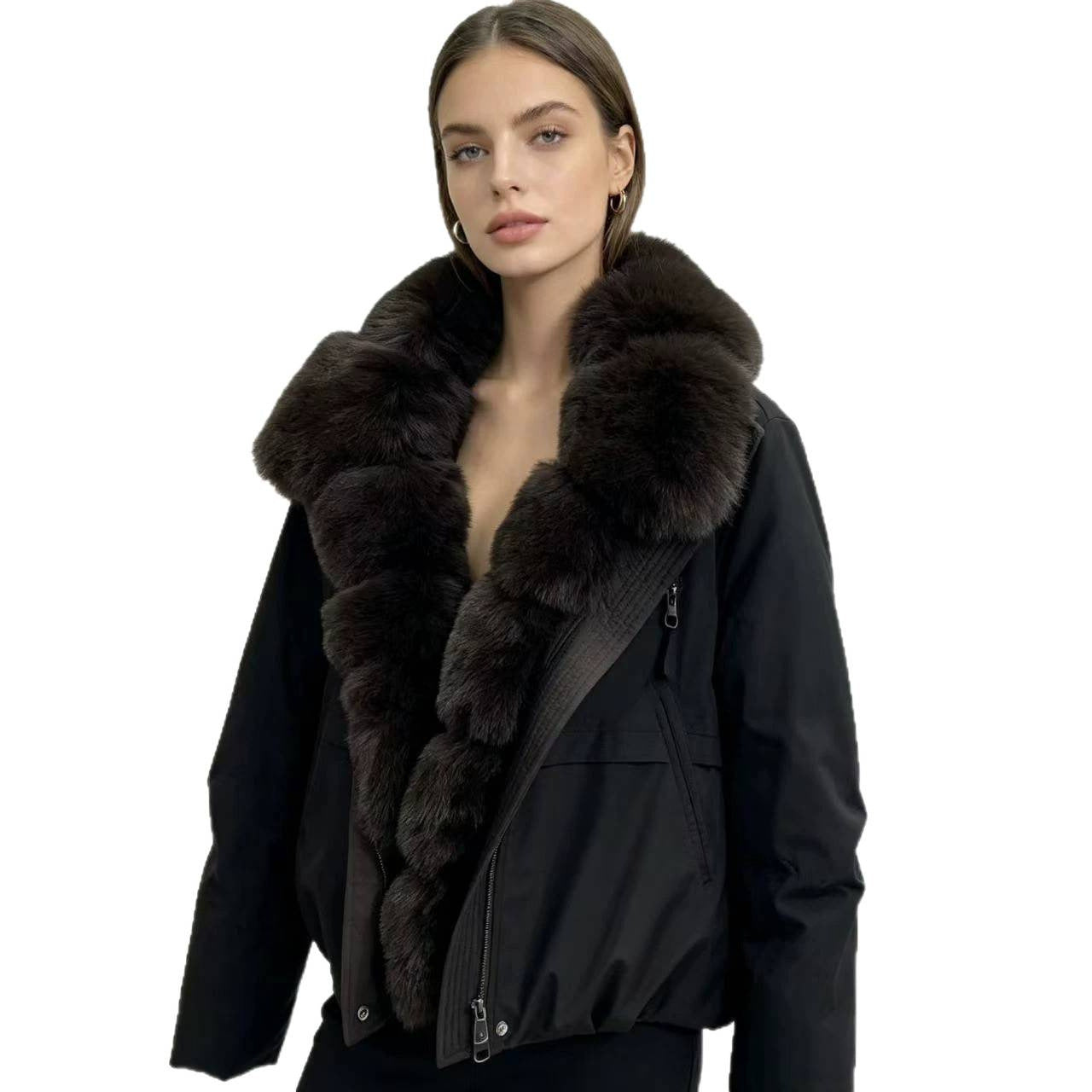 Women's tailored parka bomber jacket with voluminous faux fur collar and windproof outer shell Chichicherry