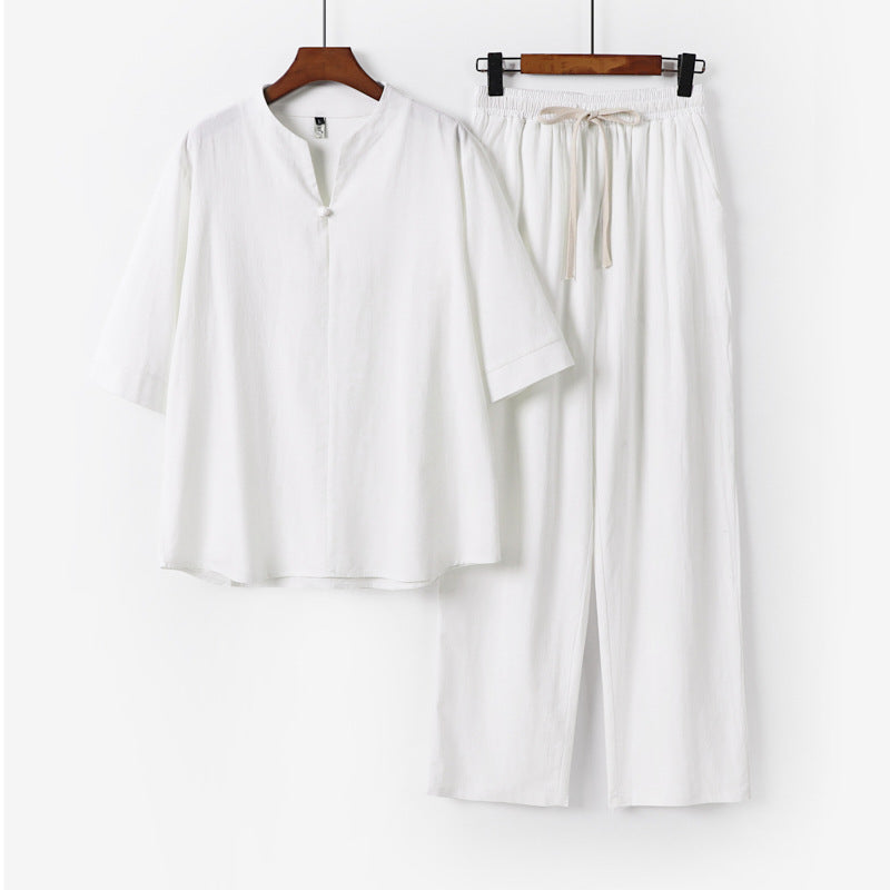 Unisex Lockeres Lounge Set with Stand Collar Half Sleeve Shirt and Elastic Waist Pants Chichicherry