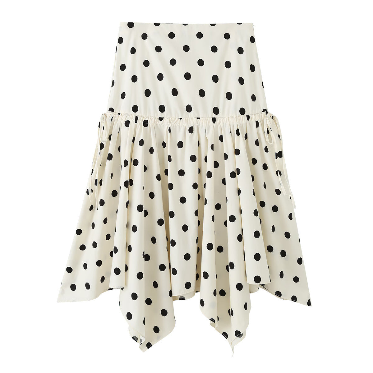 Women's midi skirt with asymmetrical jagged hem, polka dot pattern and high waistband Chichicherry
