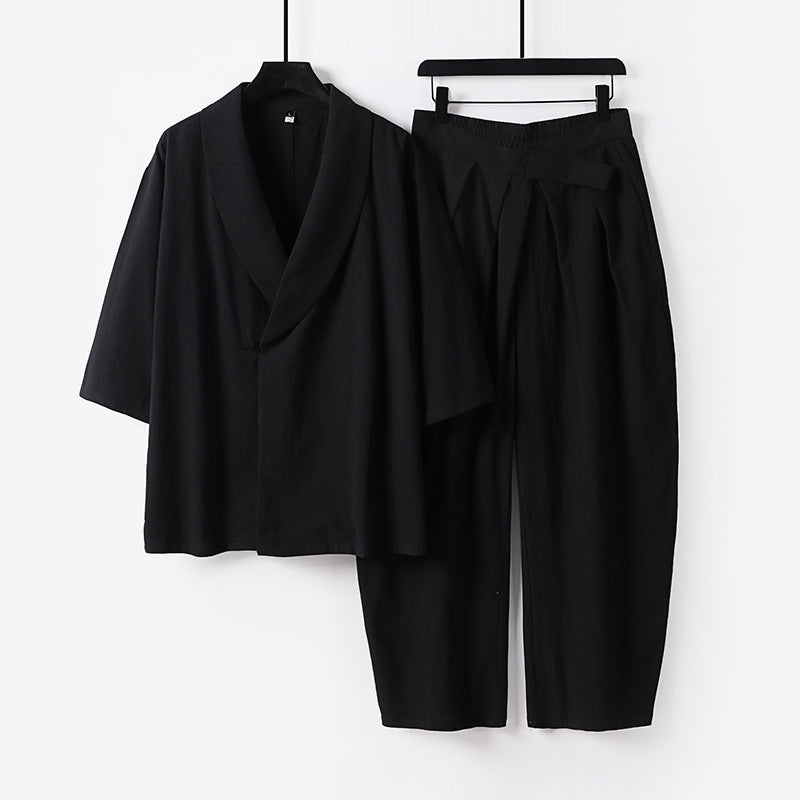 Women's Two-Piece Kimono Loungewear Set with Shawl Collar Short Sleeve Top and High-Waisted Pleated Pants Chichicherry