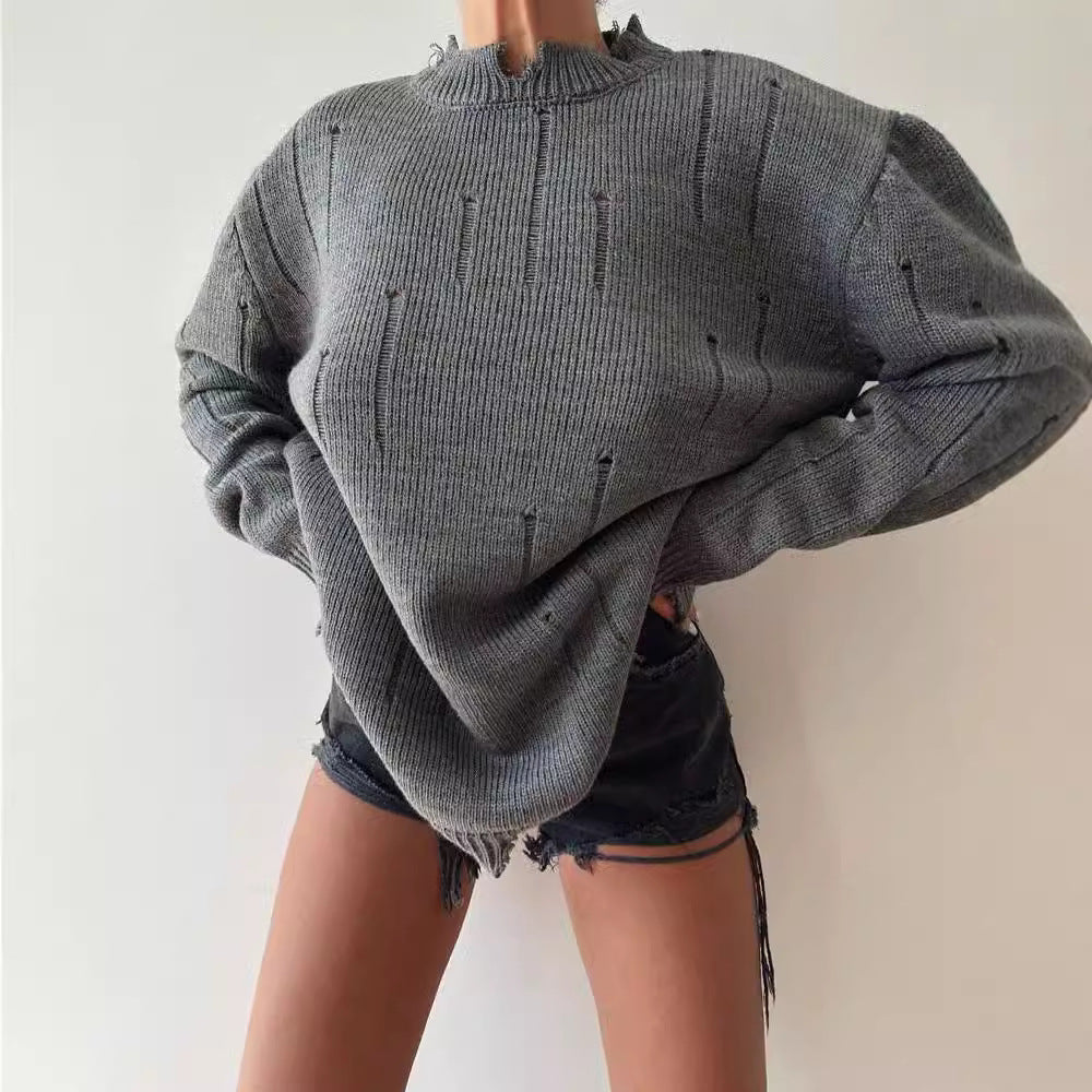 Damen Oversized Grobstrickpullover mit Distressed-Details und geripptem Saum Chichicherry