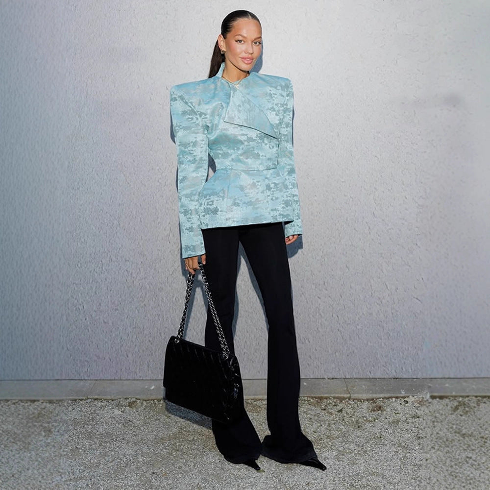 Ladies Tailored Jacquard Blazer with Defined Shoulders, Peplum and Asymmetrical Lapel Chichicherry
