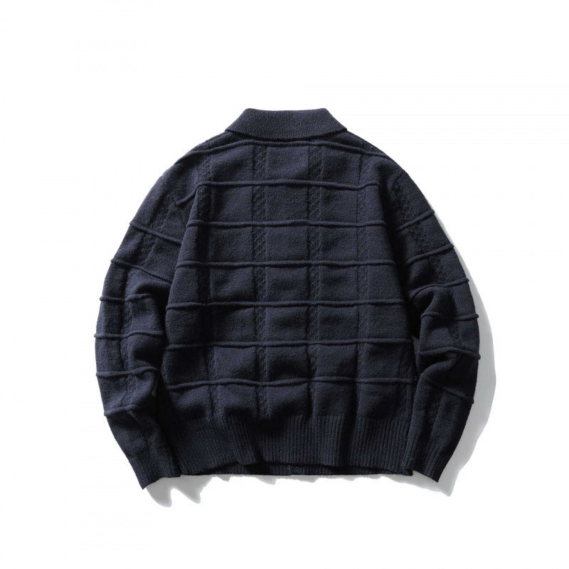 Unisex Boxy Cardigan with Shirt Collar and Structured Check Pattern Chichicherry
