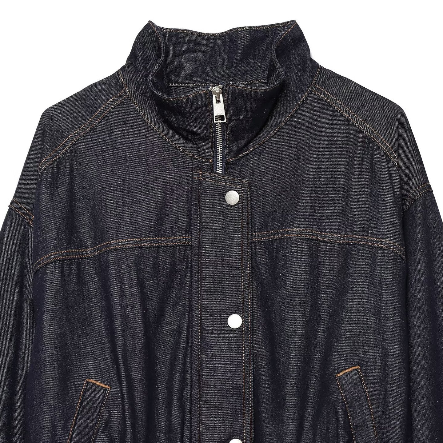 Women's Cropped Denim Jacket with Waist Belt, Stand Collar and Balloon Sleeves Chichicherry