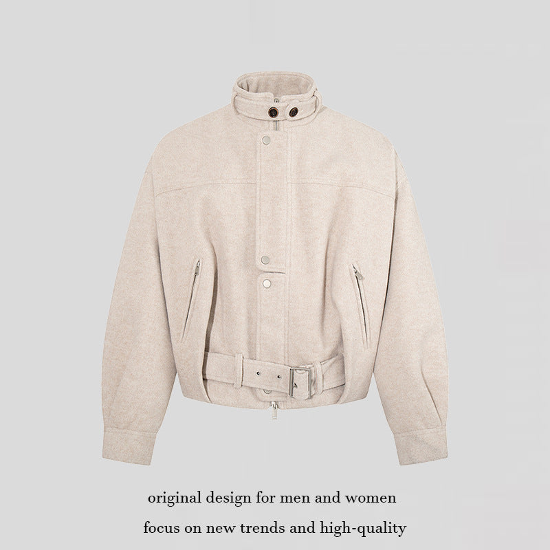 Women's short wool bomber jacket with high stand collar, waist belt and concealed zipper Chichicherry