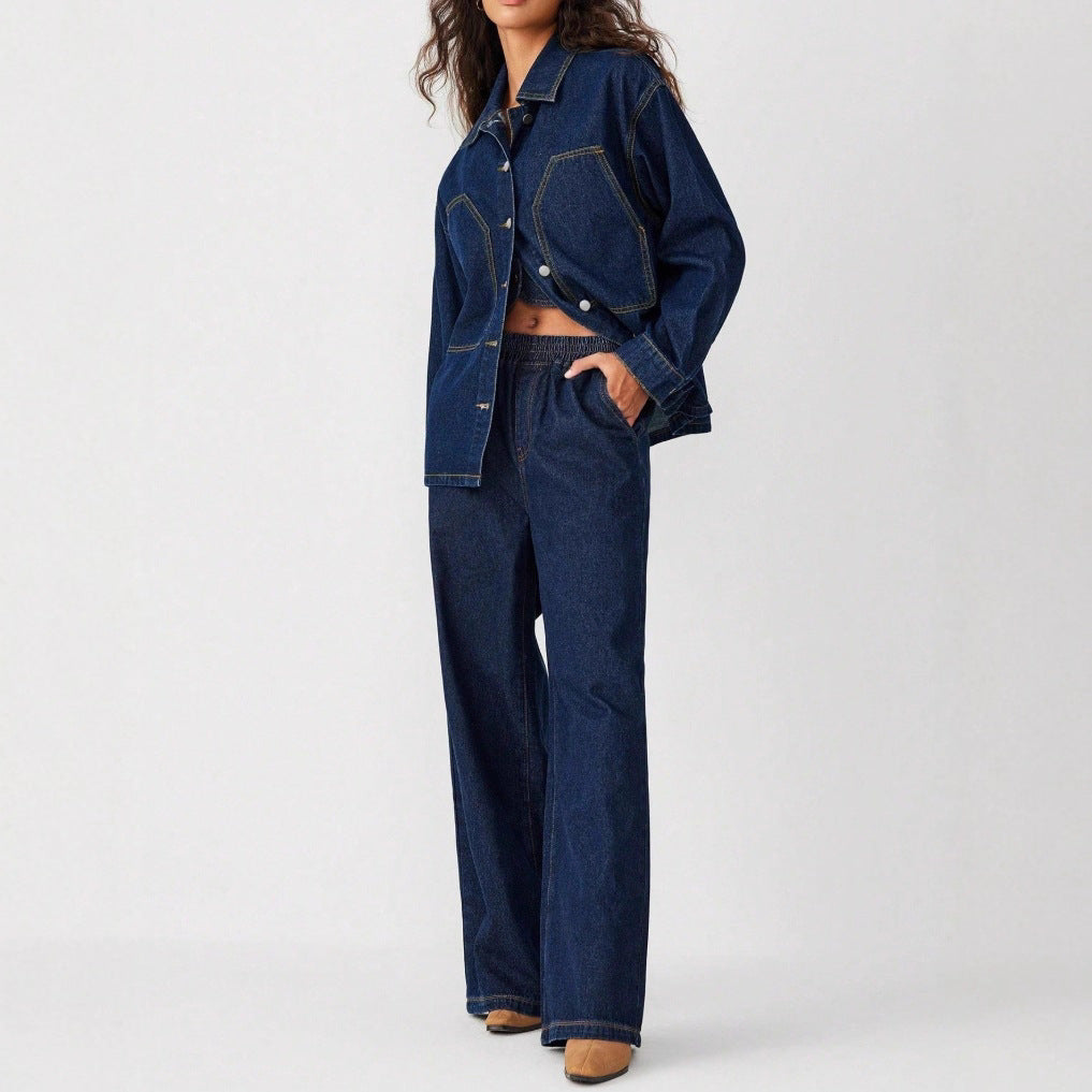 Women's Oversized Denim Jacket with Distinctive Front Pockets and Relaxed Fit Chichicherry