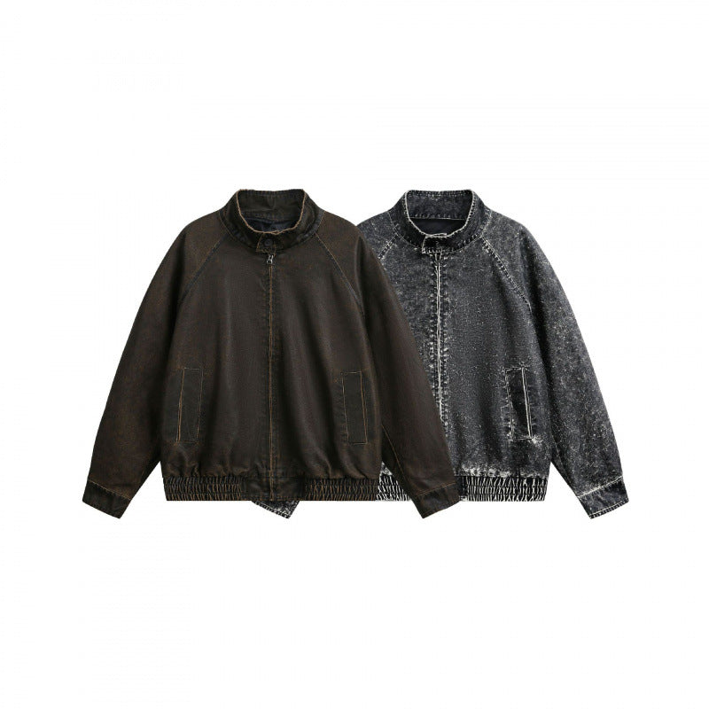 Men's short-cut worker bomber jacket in used denim look with standing collar, concealed zipper, and elastic hem Chichicherry
