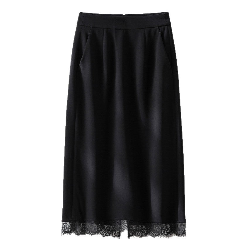 Ladies midi skirt made of satin with lace trim and side pockets Chichicherry