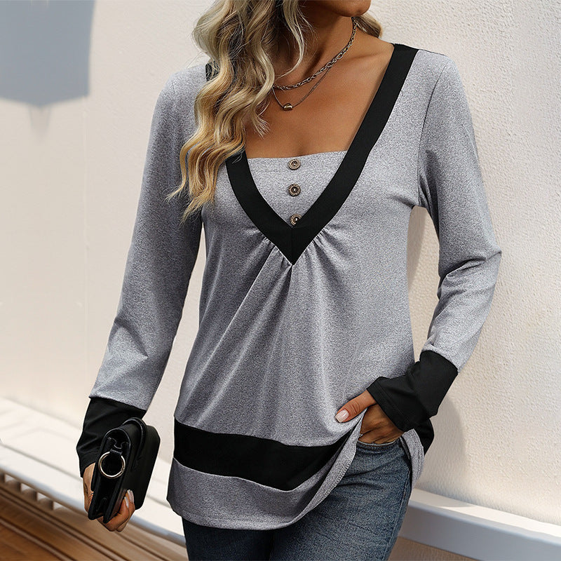 Women's long sleeve with deep V-neck, decorative button placket and contrast borders Chichicherry
