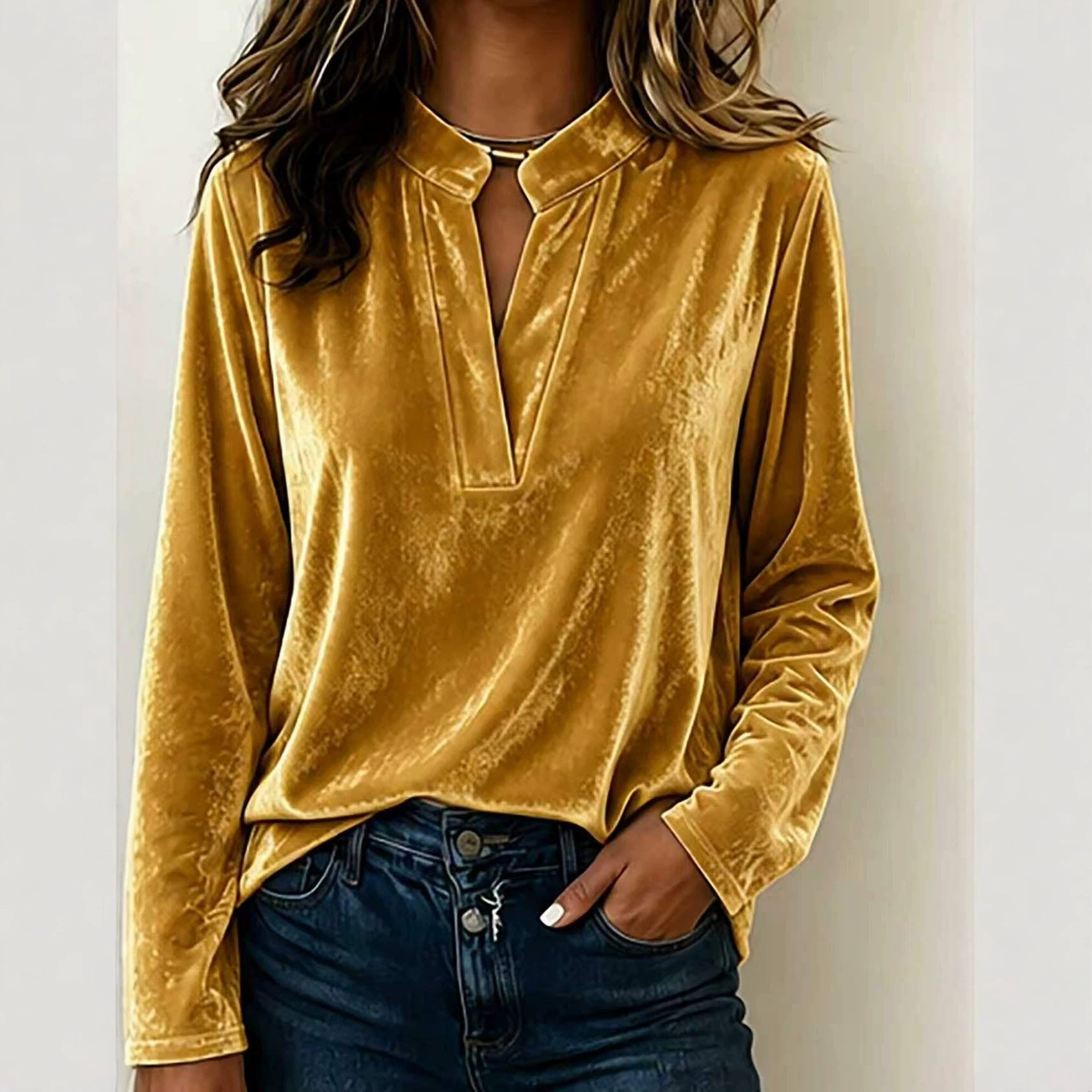 Women's velvet blouse with stand-up collar, deep V-neck and loose long sleeve cut Chichicherry