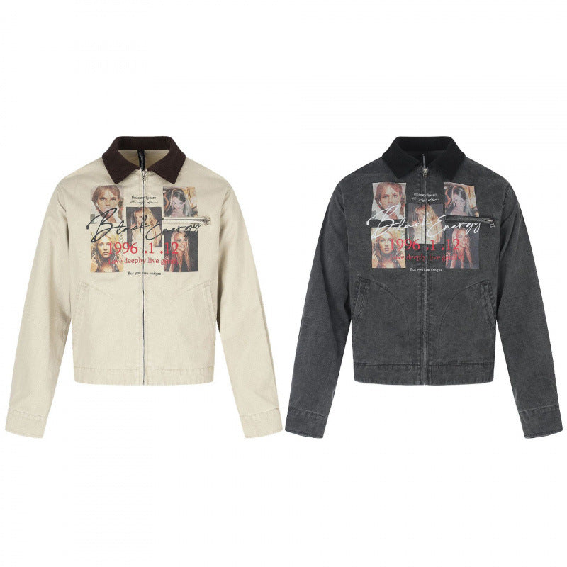 Men's Short-Cut Canvas Bomber Jacket with Cord Collar and Large Photo Collage Print Chichicherry
