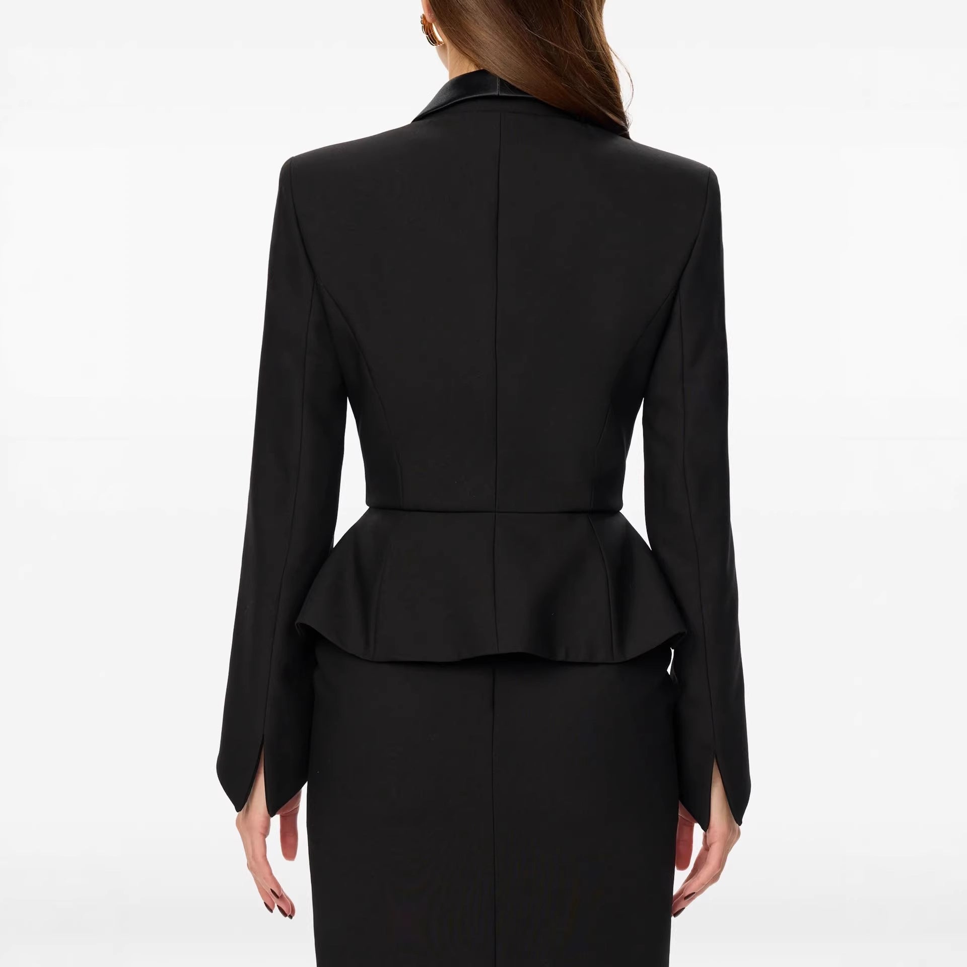 Women Tailored Blazer with Peplum Satin Shawl Collar and Slim Silhouette Chichicherry