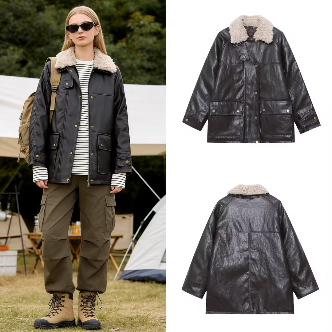Women's Oversized Faux Leather Field Jacket with Detachable Teddy Collar and Flap Pockets Chichicherry