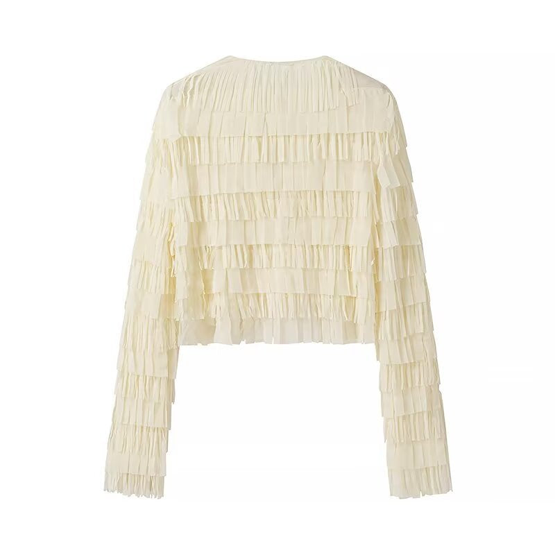 Women's Cropped Fringed Jacket with Layered Fringe and Tie Band Chichicherry