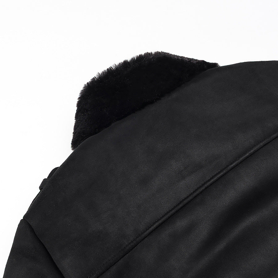 Women Short Biker Jacket with Faux Fur Collar and Suede Look Chichicherry