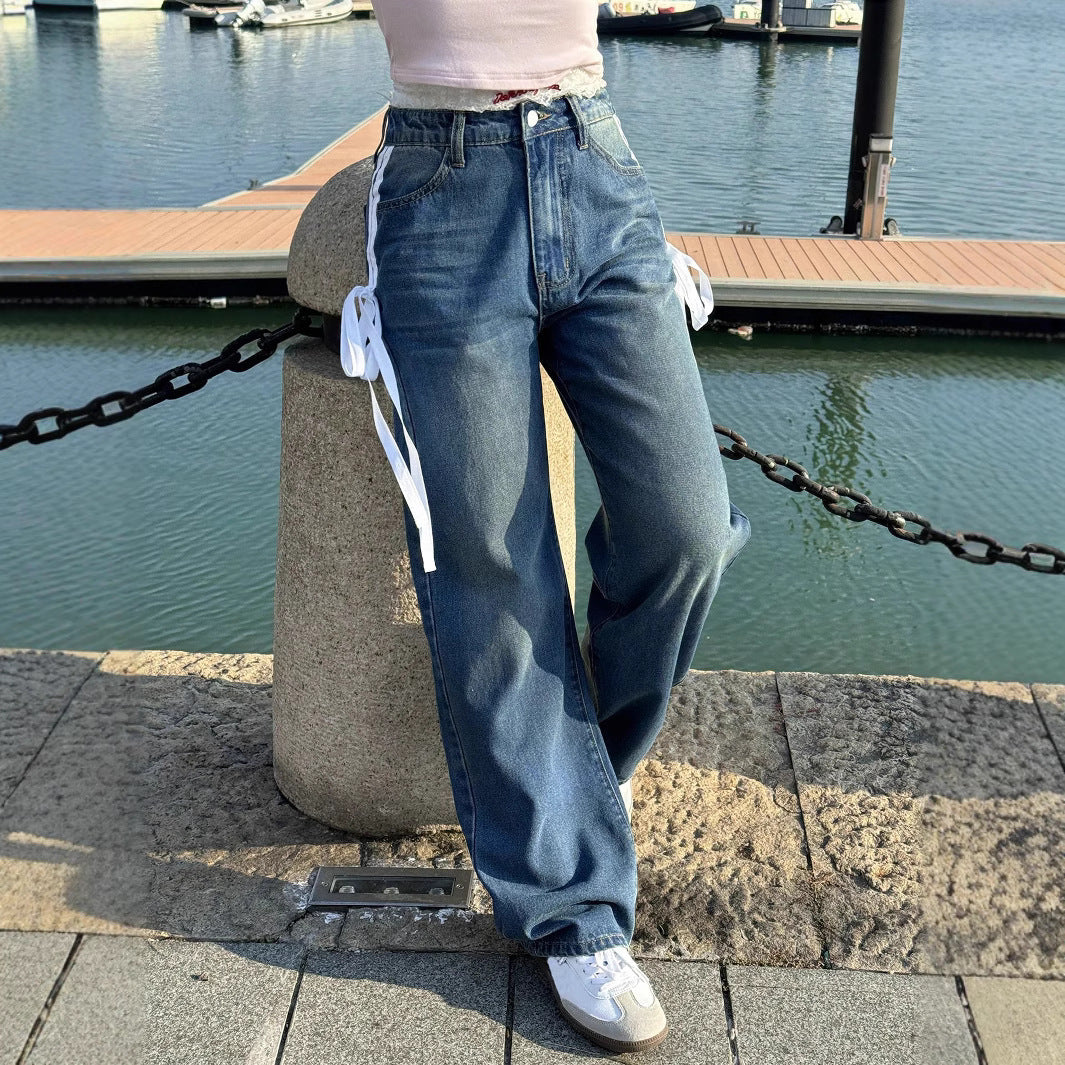 Ladies Wide High-Waist Denim Jeans with Decorative Side Stripes and Straight Leg Chichicherry