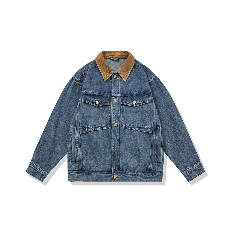 Men's Boxy Denim Blouson Jacket with Cord Collar and Multi-Function Flap Pockets Chichicherry