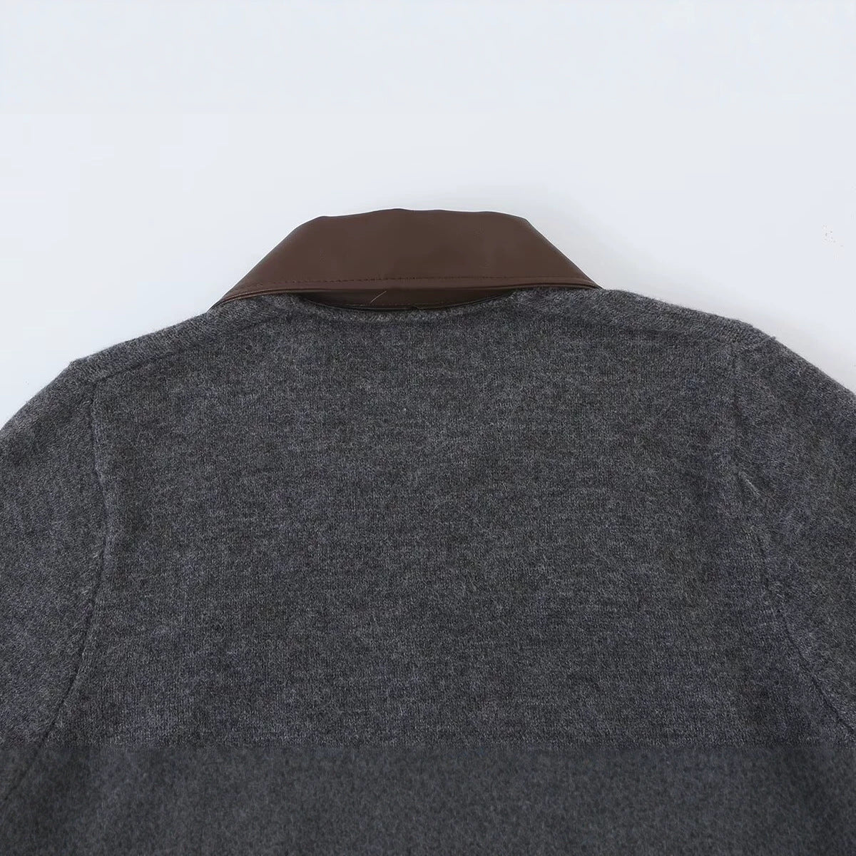 Women Short Wool Blend Cardigan with Zipper and Contrasting Faux Leather Collar Chichicherry