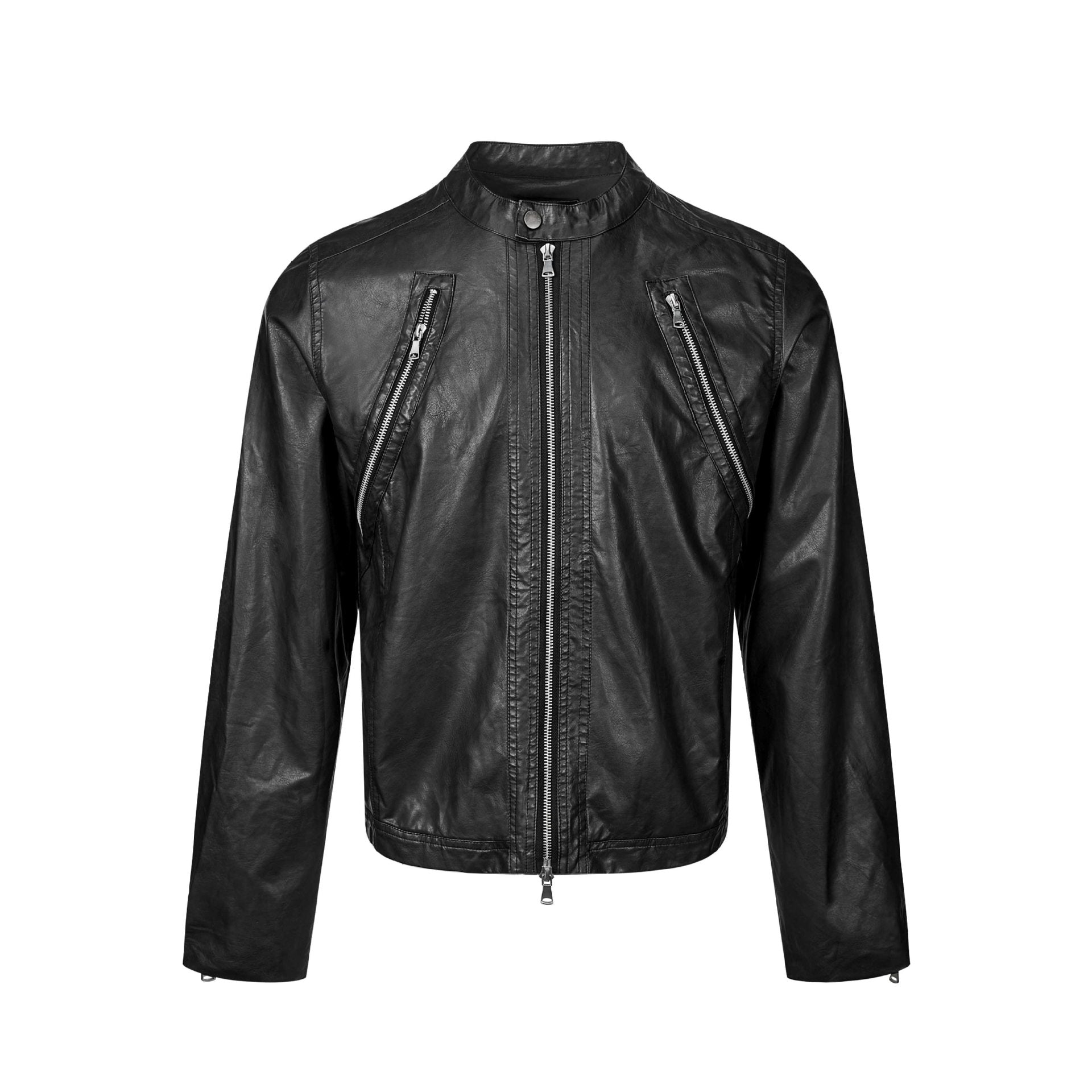 Men's vintage-inspired biker jacket with stand-up collar and two-way zipper Chichicherry