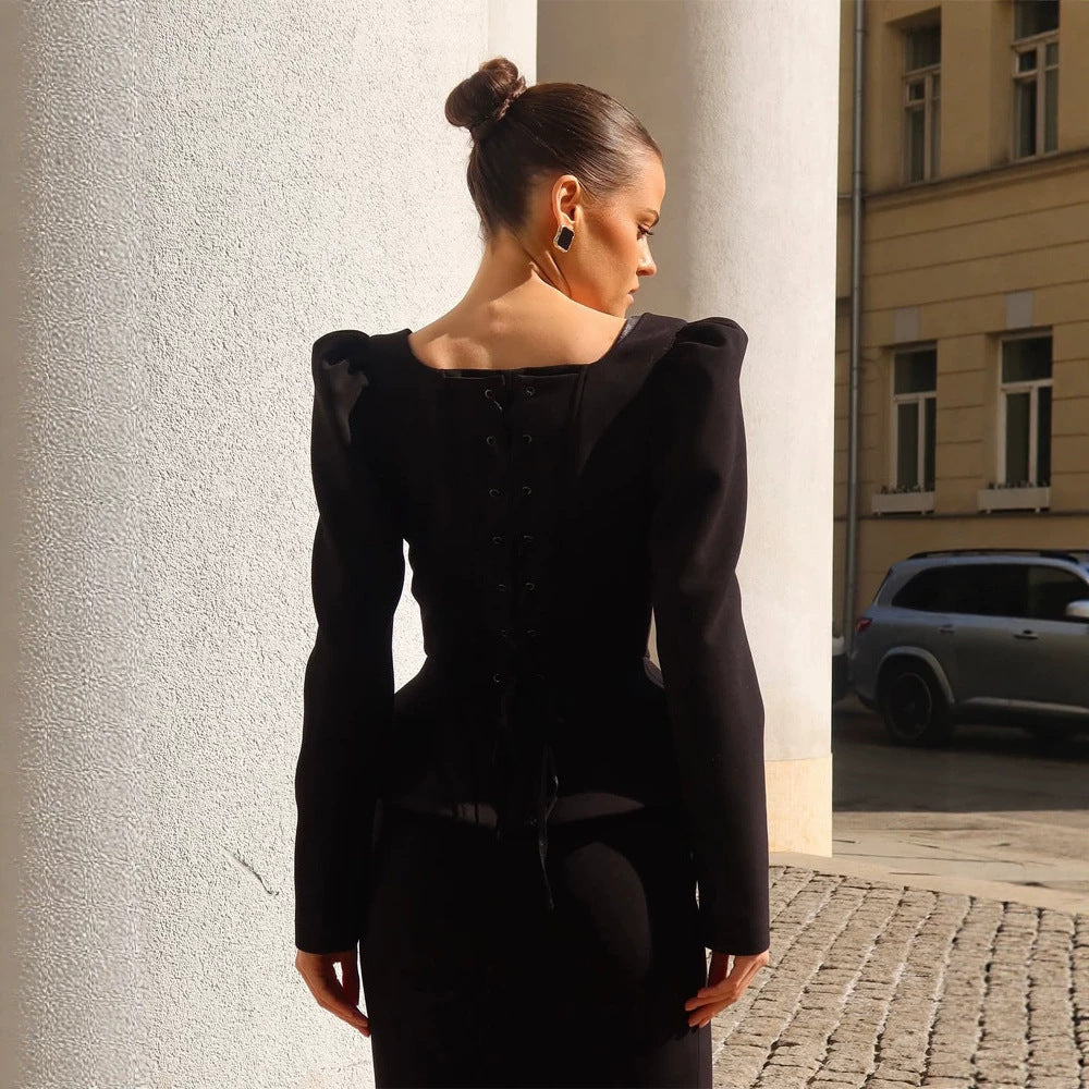 Women's Tailored Corset Blazer Top with Square Neckline, Peplum and Emphasized Shoulders Chichicherry