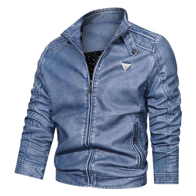 Men's faux leather jacket in vintage denim look with gathered sleeves and stand-up collar Chichicherry