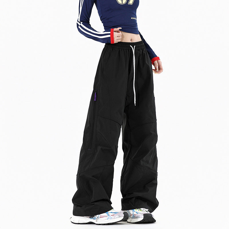 Women Wide Utility Cargo Pants with Elastic Waistband and Zipper Pockets Chichicherry