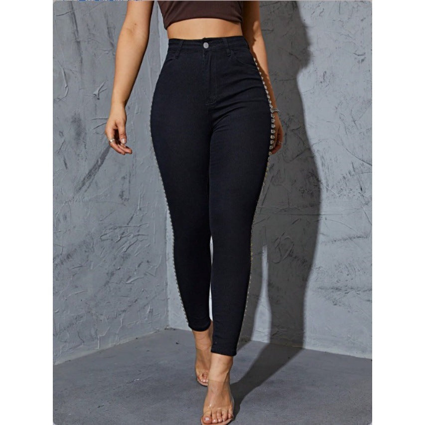 Women High-Waisted Skinny Jeans Leggings with Side Studded Band and Sculpting Effect Chichicherry