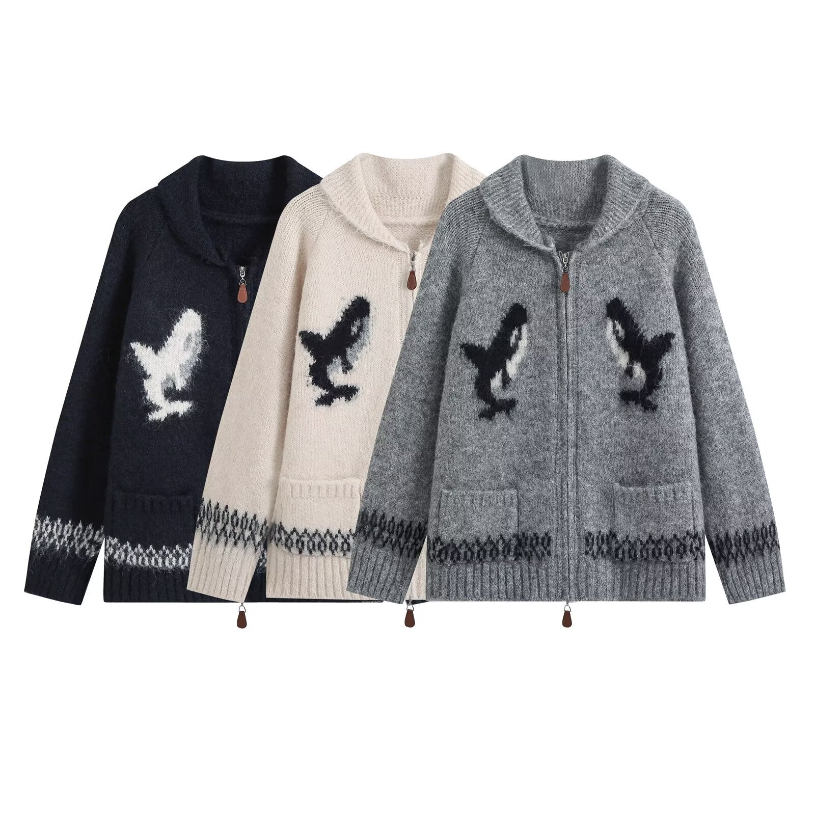 Women’s zip-up cardigan with shawl collar and intarsia pattern Chichicherry