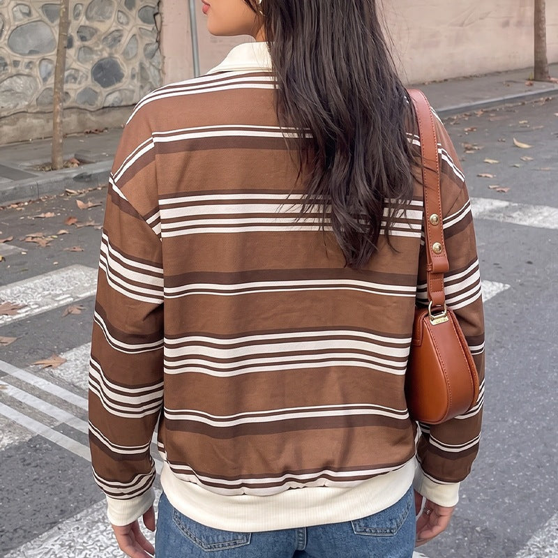 Women Striped Rugby Sweater with Polo Collar and Oversized Fit Chichicherry