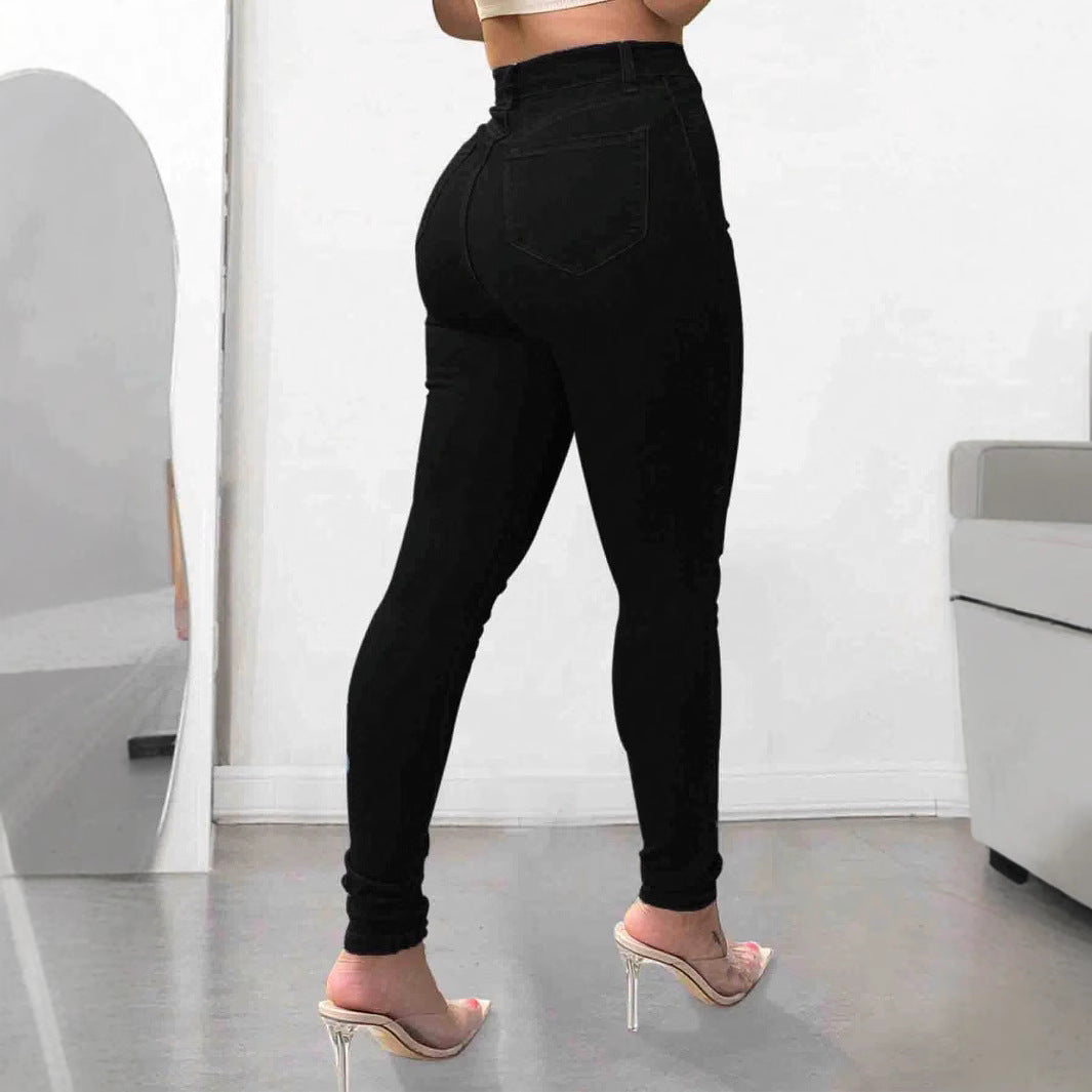 Women's High-Waisted Skinny Jeans with Pearl and Crystal Flower Decoration Chichicherry