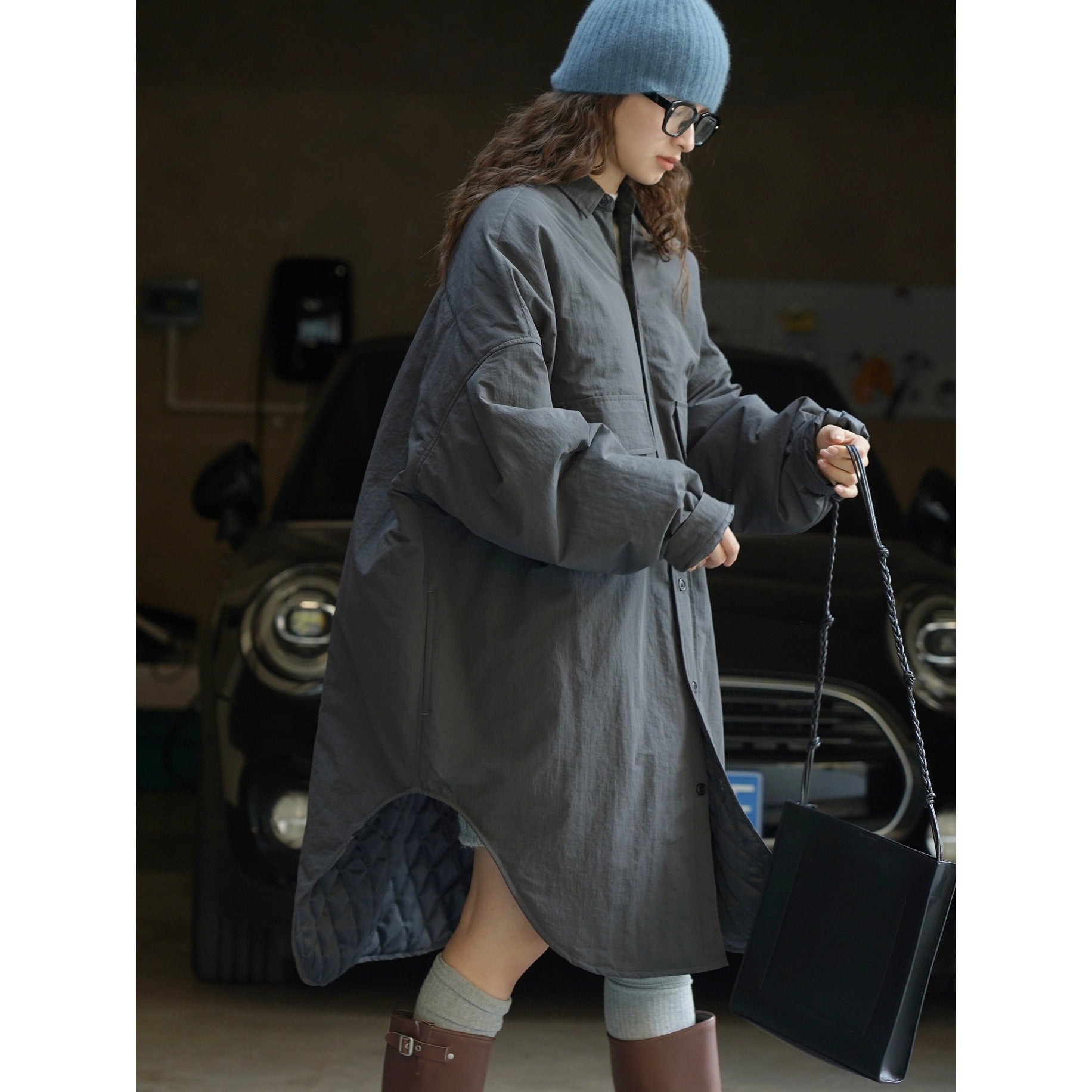 Women's Oversize Shirt Blouse Coat with Quilted Lining and Patch Pockets Chichicherry