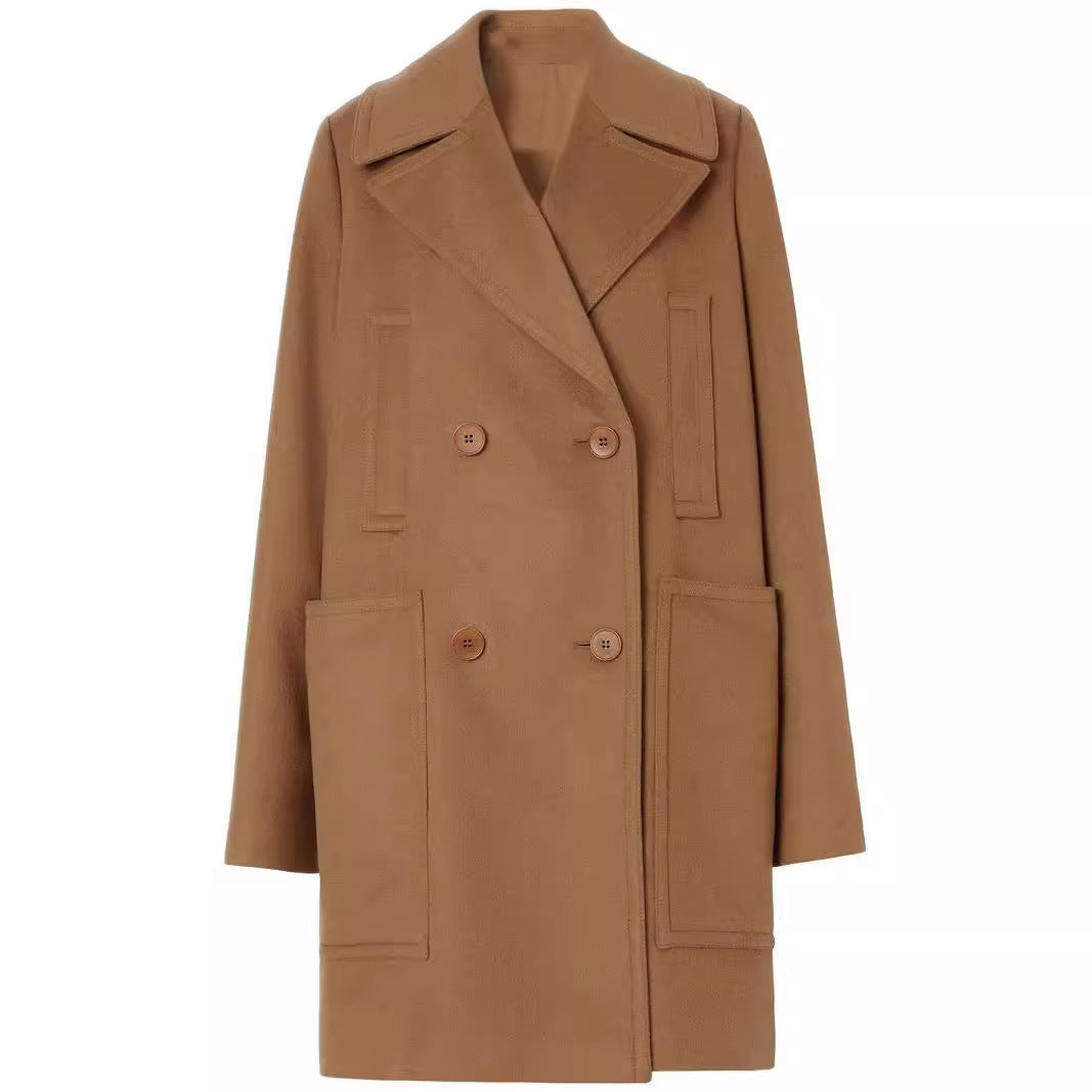 Women short coat in minimalist double-breasted wool blend with wide lapels Chichicherry