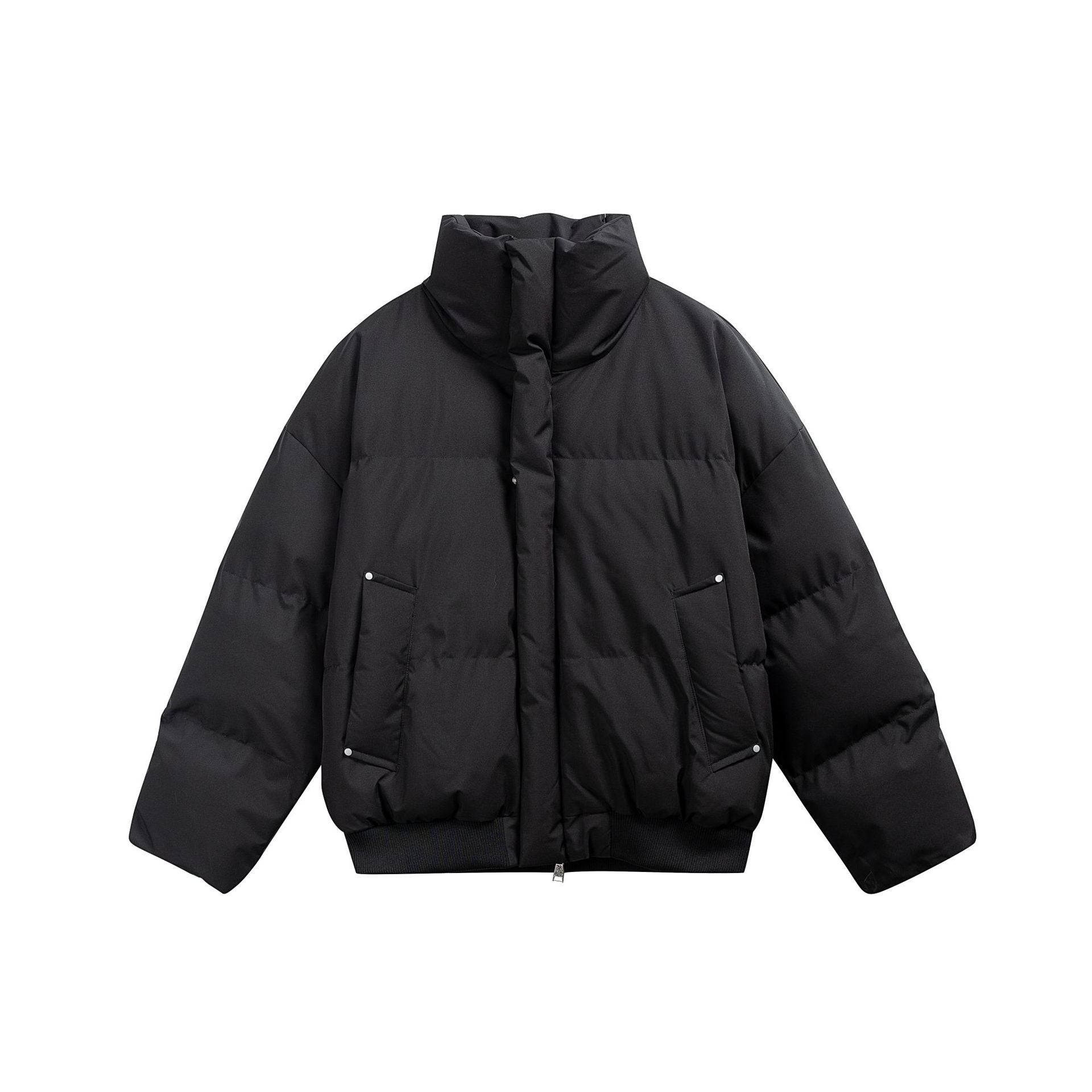 Women's short padded quilted jacket in boxy cut with high stand-up collar and ribbed hem Chichicherry