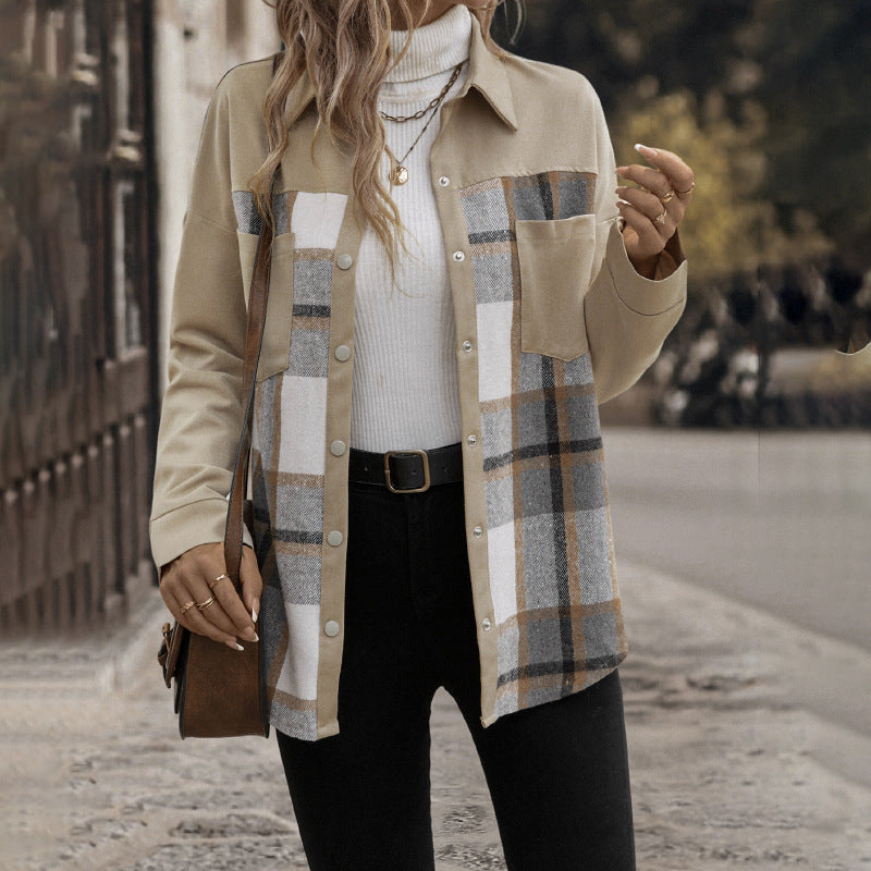 Women’s Oversized Shirt Jacket with Checked Front Panel, Snap Button Closure and Patch Chest Pockets Chichicherry