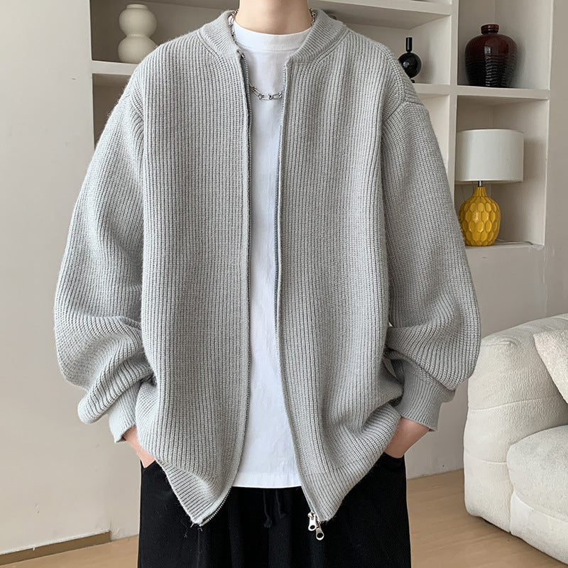Unisex Oversize-Rippstrick-Cardigan mit Zwei-Wege-Reißverschluss und minimalem Stehkragen Chichicherry
