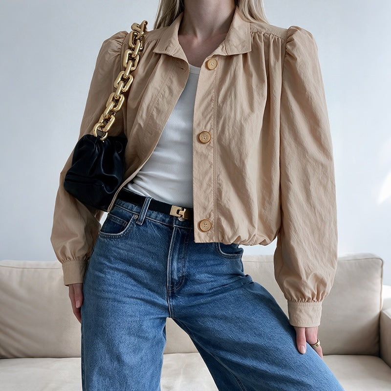 Women Light Short Jacket with Balloon Sleeves, Puff Shoulders & Elastic Hem Chichicherry