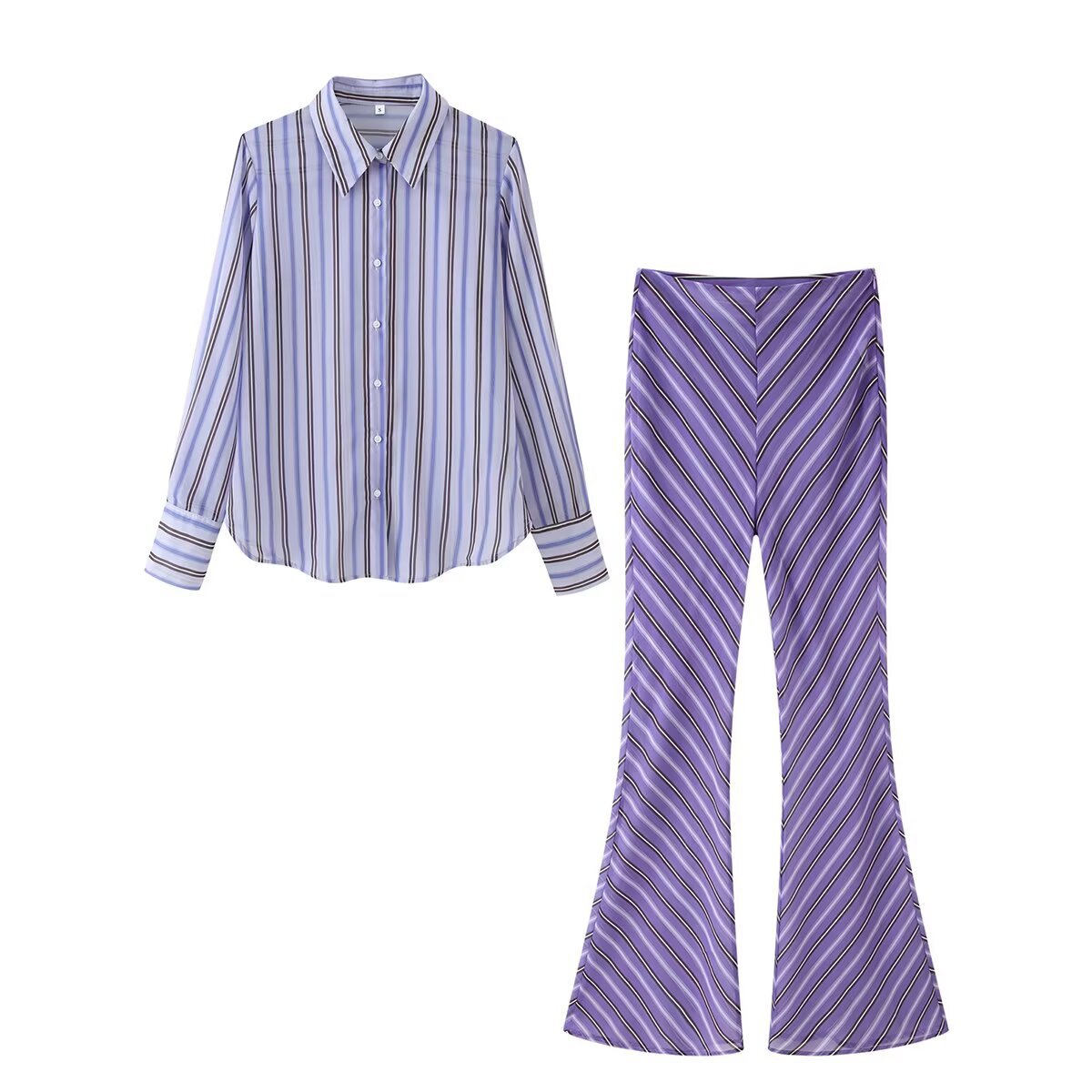 Women's Flared Satin Pants with Diagonal Stripe Look and High Waist Chichicherry