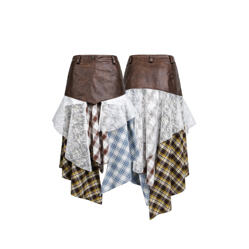 Women Asymmetrical Layered Skirt with Faux Leather Waistband and Plaid Mix Chichicherry