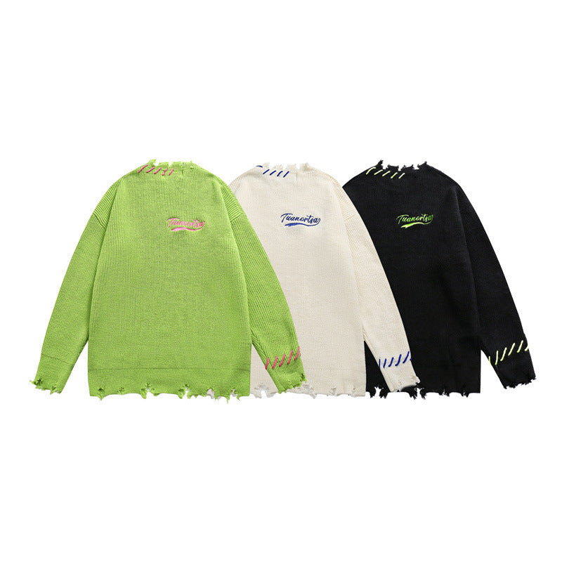 Unisex Oversize Chunky Knit Sweater with Destroy Effect and Decorative Seams Chichicherry