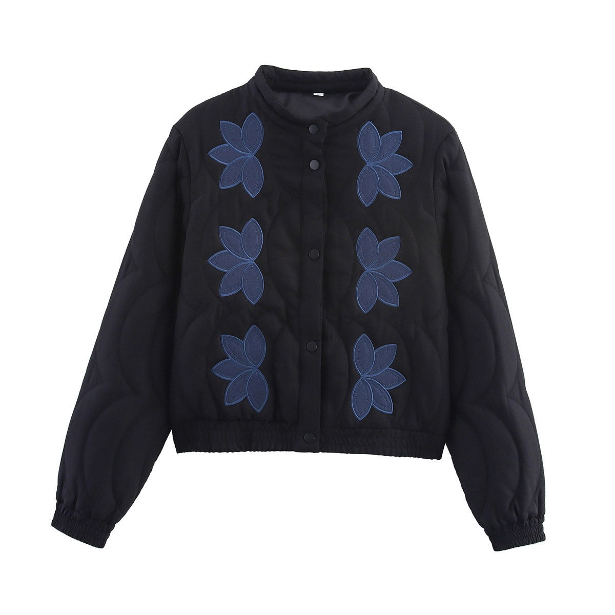 Women's Short Cut Quilted Jacket with Flower Applique and Stand-Up Collar Chichicherry